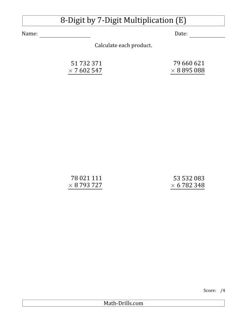 The Multiplying 8-Digit by 7-Digit Numbers with Space-Separated Thousands (E) Math Worksheet