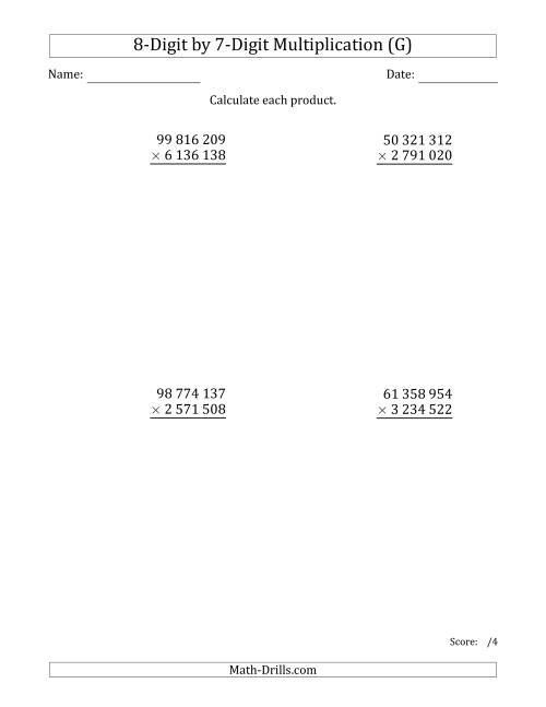 The Multiplying 8-Digit by 7-Digit Numbers with Space-Separated Thousands (G) Math Worksheet