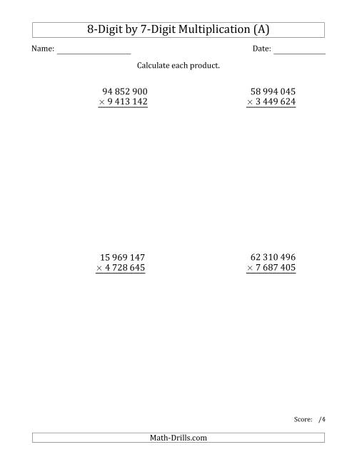 The Multiplying 8-Digit by 7-Digit Numbers with Space-Separated Thousands (All) Math Worksheet