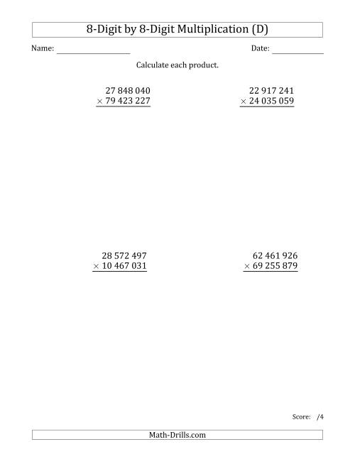 The Multiplying 8-Digit by 8-Digit Numbers with Space-Separated Thousands (D) Math Worksheet