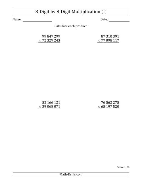 The Multiplying 8-Digit by 8-Digit Numbers with Space-Separated Thousands (I) Math Worksheet