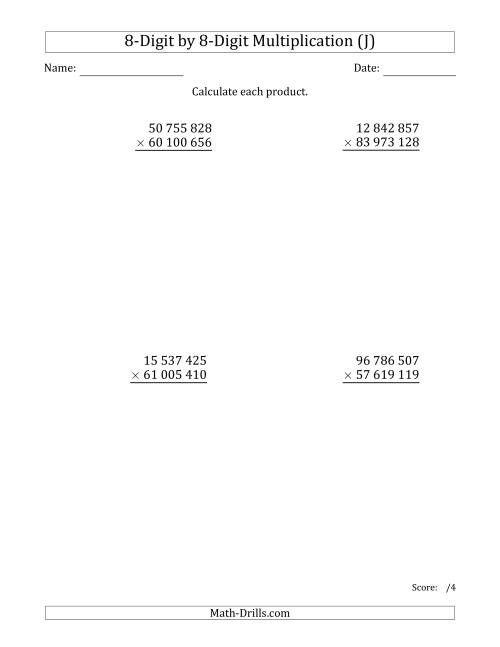 The Multiplying 8-Digit by 8-Digit Numbers with Space-Separated Thousands (J) Math Worksheet