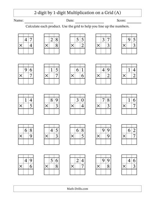 2-Digit by 1-Digit Multiplication with Grid Support (A) Long