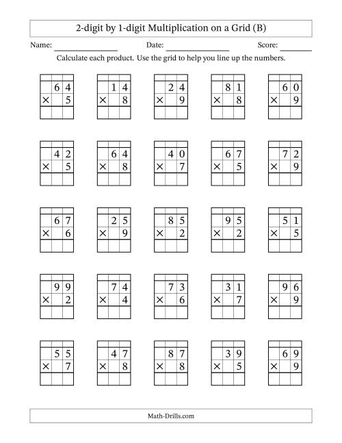 The 2-digit by 1-digit Multiplication with Grid Support Including Regrouping (B) Math Worksheet