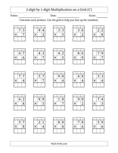 The 2-Digit by 1-Digit Multiplication with Grid Support (C) Math Worksheet