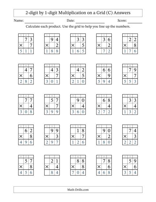 The 2-digit by 1-digit Multiplication with Grid Support Including Regrouping (C) Math Worksheet Page 2