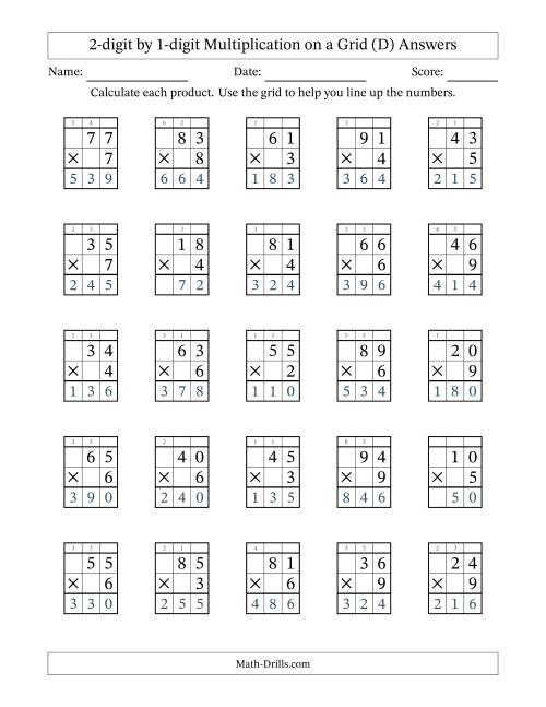 The 2-Digit by 1-Digit Multiplication with Grid Support (D) Math Worksheet Page 2