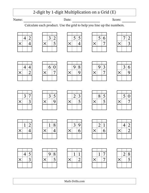 The 2-digit by 1-digit Multiplication with Grid Support Including Regrouping (E) Math Worksheet