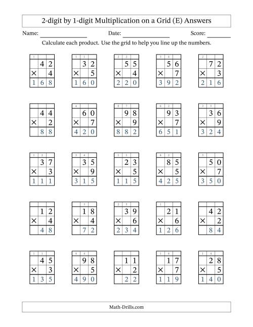 The 2-digit by 1-digit Multiplication with Grid Support Including Regrouping (E) Math Worksheet Page 2