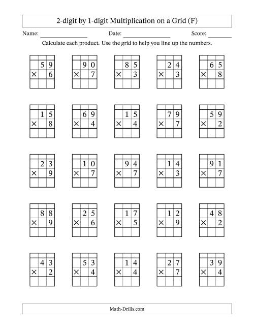 The 2-digit by 1-digit Multiplication with Grid Support Including Regrouping (F) Math Worksheet