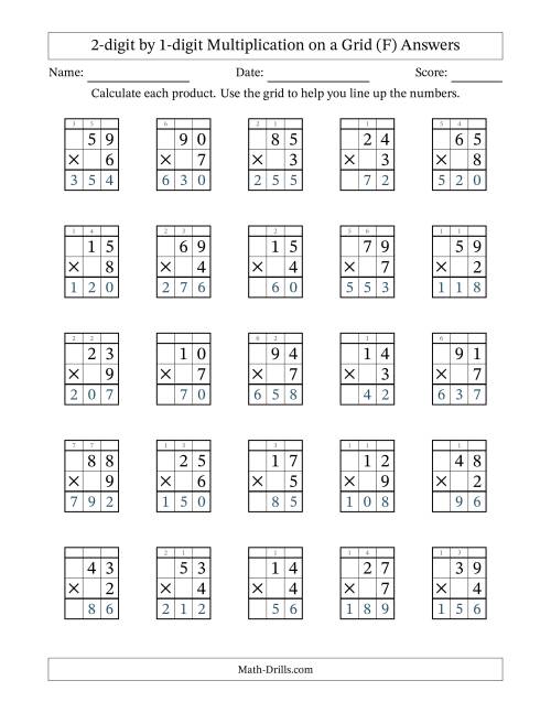 The 2-digit by 1-digit Multiplication with Grid Support Including Regrouping (F) Math Worksheet Page 2