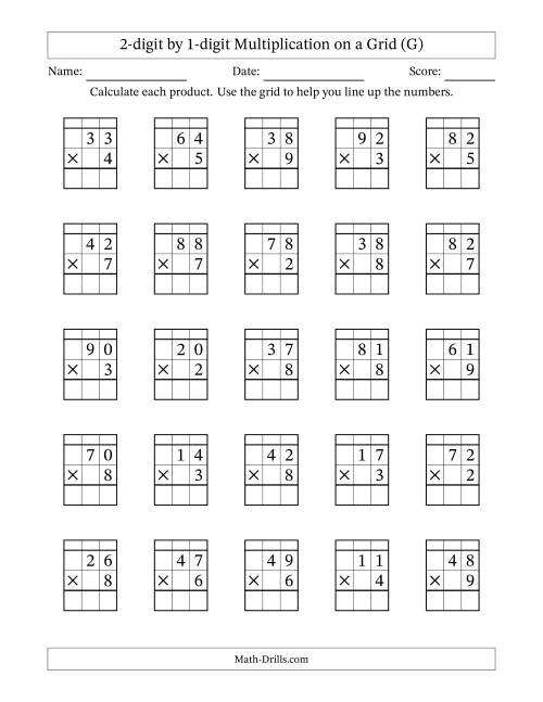The 2-Digit by 1-Digit Multiplication with Grid Support (G) Math Worksheet