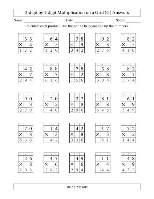 The 2-digit by 1-digit Multiplication with Grid Support Including Regrouping (G) Math Worksheet Page 2