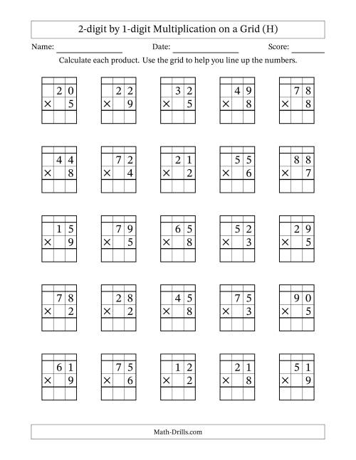 The 2-digit by 1-digit Multiplication with Grid Support Including Regrouping (H) Math Worksheet