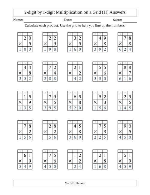 The 2-digit by 1-digit Multiplication with Grid Support Including Regrouping (H) Math Worksheet Page 2