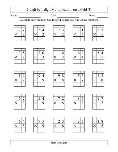 The 2-digit by 1-digit Multiplication with Grid Support Including Regrouping (I) Math Worksheet