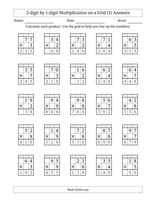 The 2-digit by 1-digit Multiplication with Grid Support Including Regrouping (I) Math Worksheet Page 2