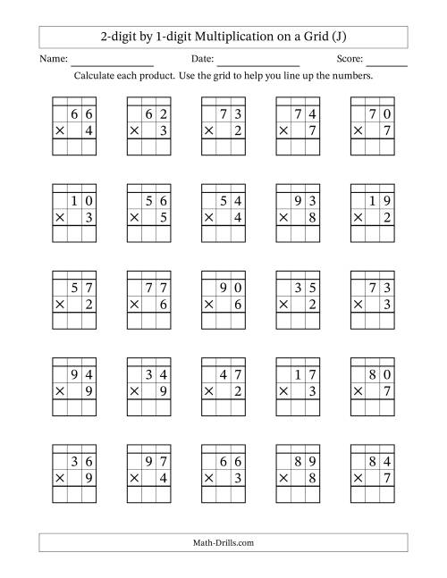 The 2-digit by 1-digit Multiplication with Grid Support Including Regrouping (J) Math Worksheet