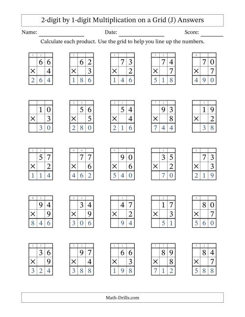 The 2-Digit by 1-Digit Multiplication with Grid Support (J) Math Worksheet Page 2