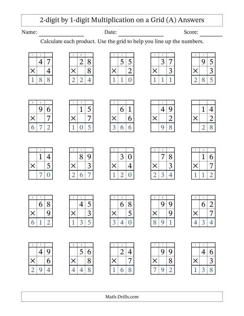 The 2-Digit by 1-Digit Multiplication with Grid Support (All) Math Worksheet Page 2