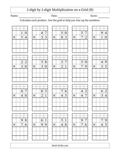 The 2-Digit by 2-Digit Multiplication with Grid Support (B) Math Worksheet