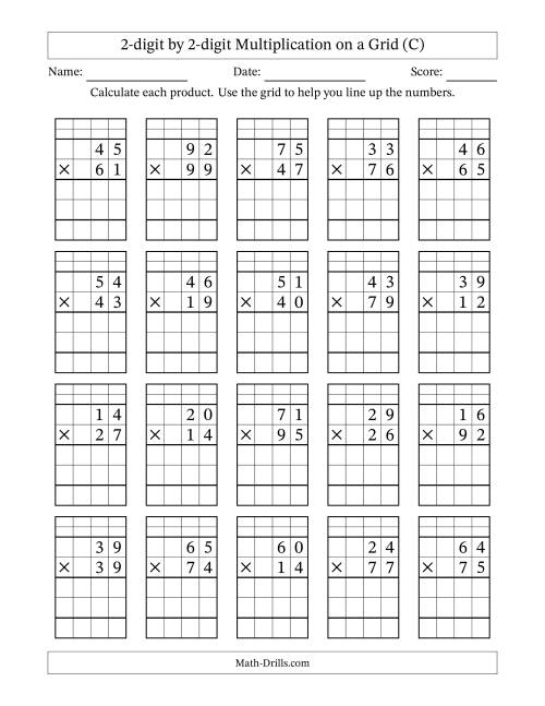 The 2-Digit by 2-Digit Multiplication with Grid Support (C) Math Worksheet