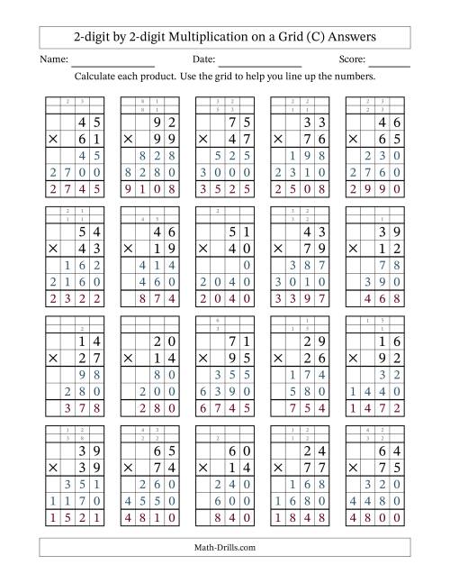 The 2-digit by 2-digit Multiplication with Grid Support Including Regrouping (C) Math Worksheet Page 2