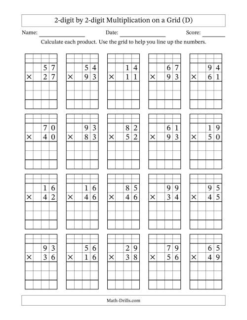 The 2-digit by 2-digit Multiplication with Grid Support Including Regrouping (D) Math Worksheet