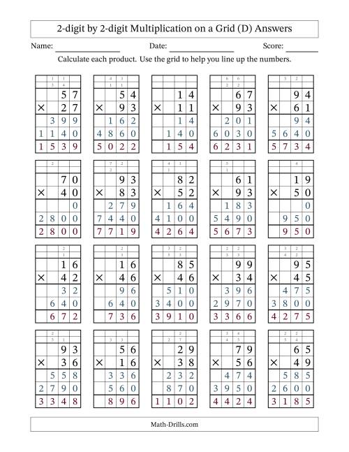 The 2-Digit by 2-Digit Multiplication with Grid Support (D) Math Worksheet Page 2