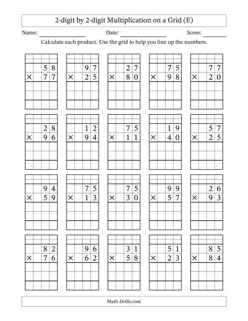 The 2-digit by 2-digit Multiplication with Grid Support Including Regrouping (E) Math Worksheet