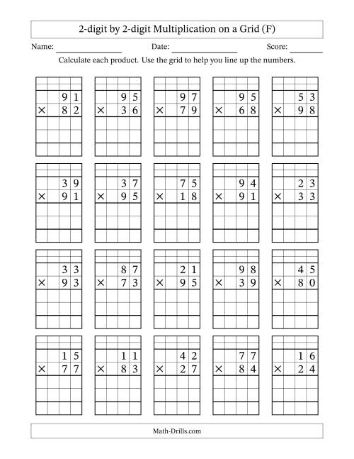 The 2-digit by 2-digit Multiplication with Grid Support Including Regrouping (F) Math Worksheet
