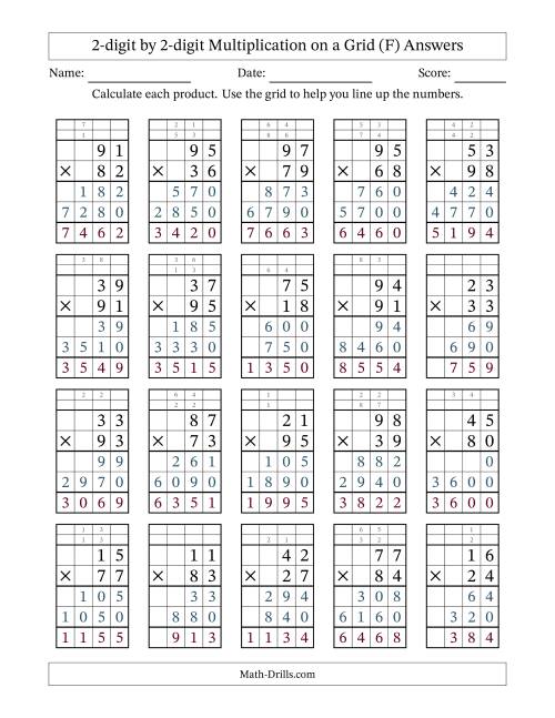 The 2-digit by 2-digit Multiplication with Grid Support Including Regrouping (F) Math Worksheet Page 2