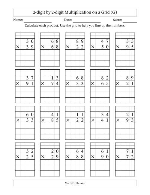 The 2-digit by 2-digit Multiplication with Grid Support Including Regrouping (G) Math Worksheet