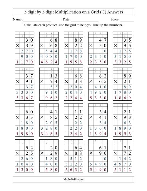 The 2-Digit by 2-Digit Multiplication with Grid Support (G) Math Worksheet Page 2