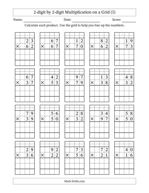 The 2-digit by 2-digit Multiplication with Grid Support Including Regrouping (I) Math Worksheet