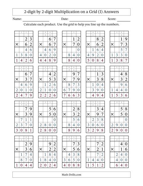 The 2-digit by 2-digit Multiplication with Grid Support Including Regrouping (I) Math Worksheet Page 2