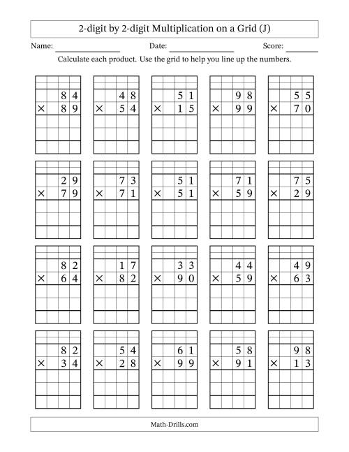 The 2-digit by 2-digit Multiplication with Grid Support Including Regrouping (J) Math Worksheet