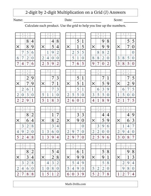 The 2-Digit by 2-Digit Multiplication with Grid Support (J) Math Worksheet Page 2