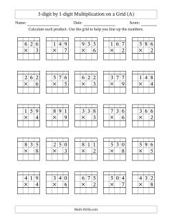 3-digit by 1-digit Multiplication with Grid Support Including Regrouping