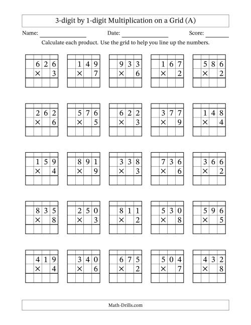 The 3-Digit by 1-Digit Multiplication with Grid Support (A) Math Worksheet