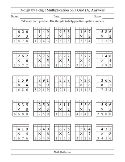 The 3-Digit by 1-Digit Multiplication with Grid Support (A) Math Worksheet Page 2