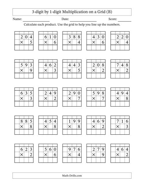 The 3-digit by 1-digit Multiplication with Grid Support Including Regrouping (B) Math Worksheet