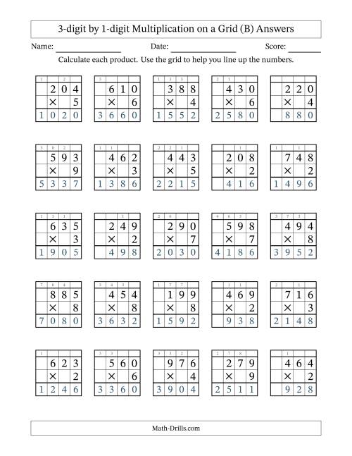 The 3-digit by 1-digit Multiplication with Grid Support (B) Math Worksheet Page 2