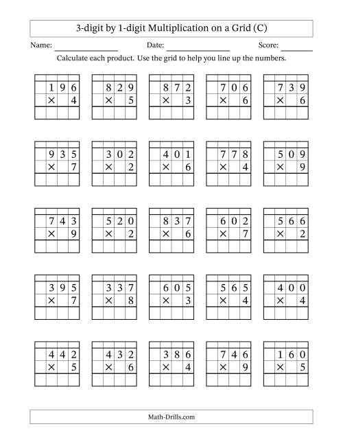 The 3-digit by 1-digit Multiplication with Grid Support Including Regrouping (C) Math Worksheet