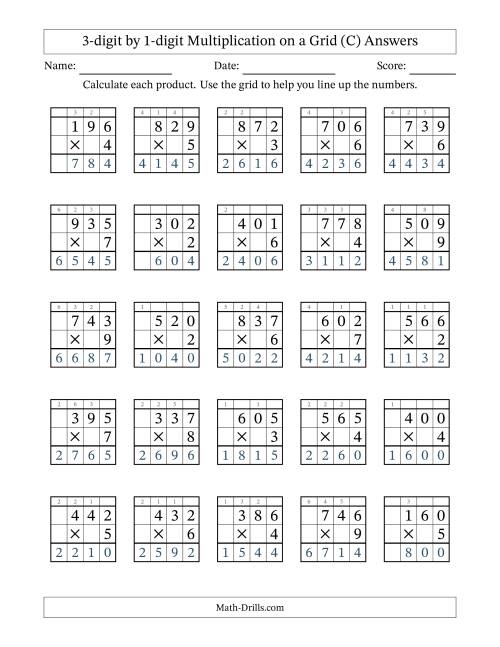 The 3-digit by 1-digit Multiplication with Grid Support Including Regrouping (C) Math Worksheet Page 2