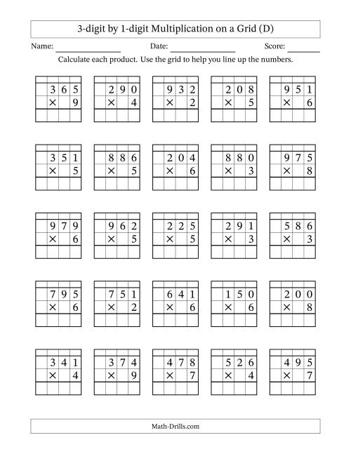 The 3-digit by 1-digit Multiplication with Grid Support Including Regrouping (D) Math Worksheet
