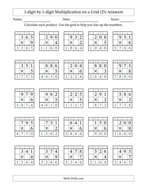 The 3-digit by 1-digit Multiplication with Grid Support (D) Math Worksheet Page 2
