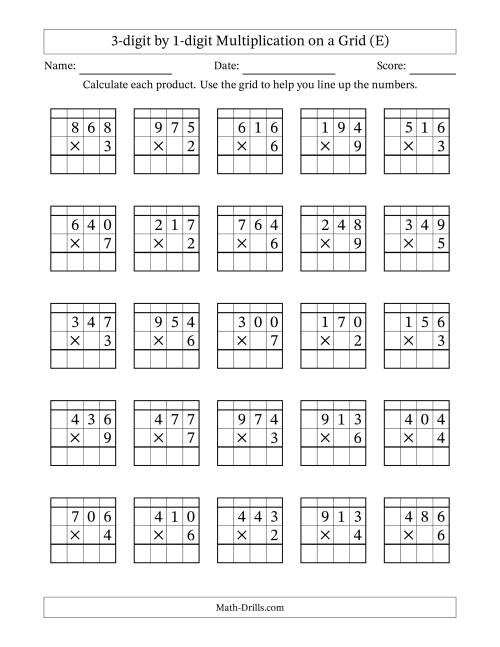 The 3-digit by 1-digit Multiplication with Grid Support (E) Math Worksheet