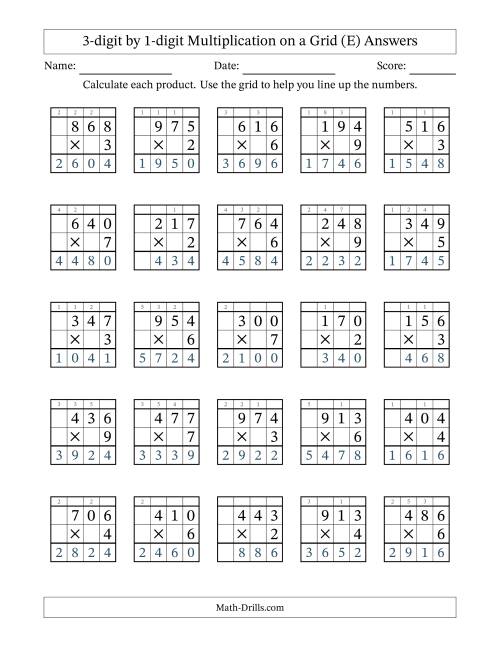 The 3-digit by 1-digit Multiplication with Grid Support (E) Math Worksheet Page 2