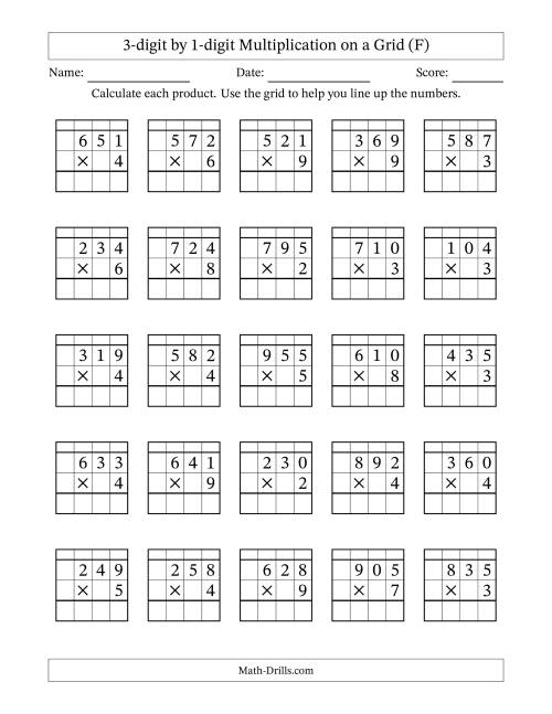The 3-digit by 1-digit Multiplication with Grid Support Including Regrouping (F) Math Worksheet